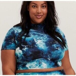Torrid Wireless Crop Rash Guard Back Zipper Swimsuit Top Blue Ocean Size 1X